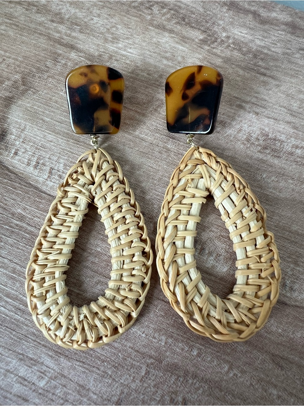 Woven Teardrop Rattan Drop Earrings with Tortoiseshell Posts